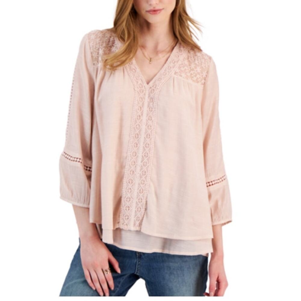 STYLE & CO Women's 3/4-sleeve Embroidered Lace Top In Mocha Rose Sz S
